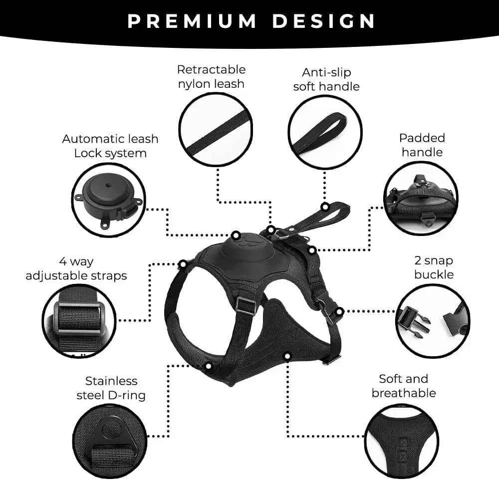 AMOBOX Retractable Dog Harness and Leash - Adjustable, Comfortable, and Slip-Resistant for Large Dogs - Happy Tails - paws & love